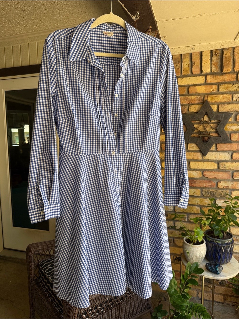 Daniel Cremieux Blue and White Gingham Long-Sleeve Dress